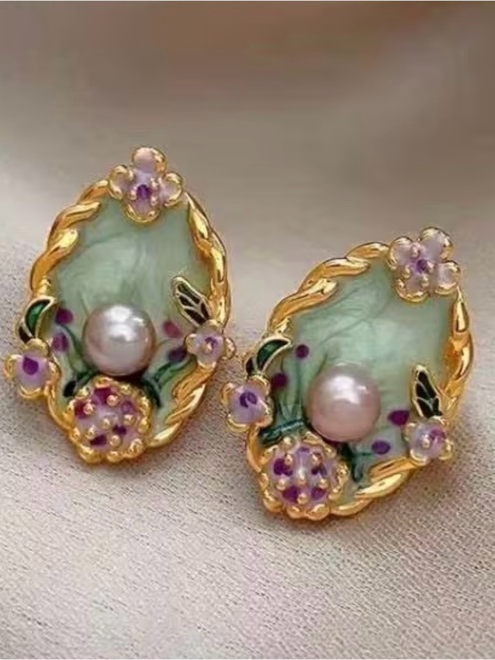 Gold-Tone Green Enamel Pearl Floral Stud Earrings
